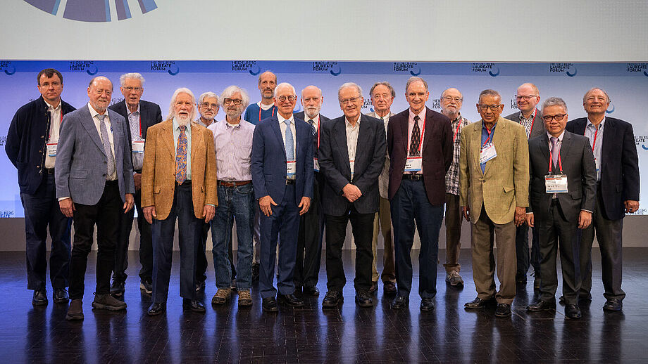 Laureates on stage at HLF. Group photo.